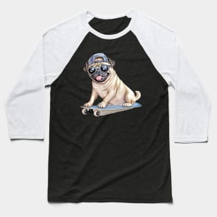 Pug Dog on Skateboard Baseball T-Shirt